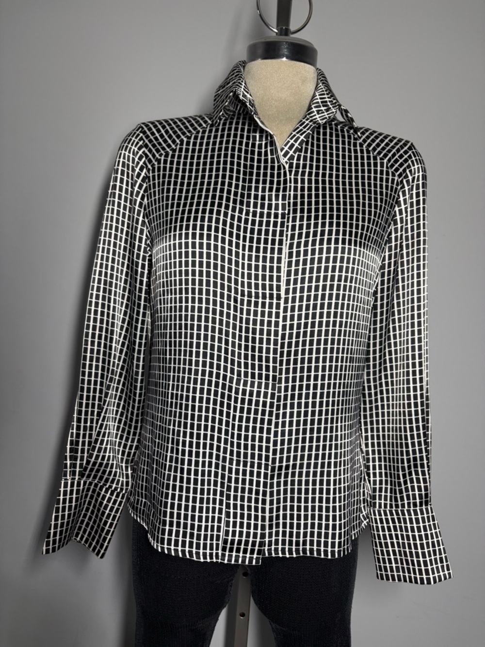 Black and White Grid Button-Front Blouse